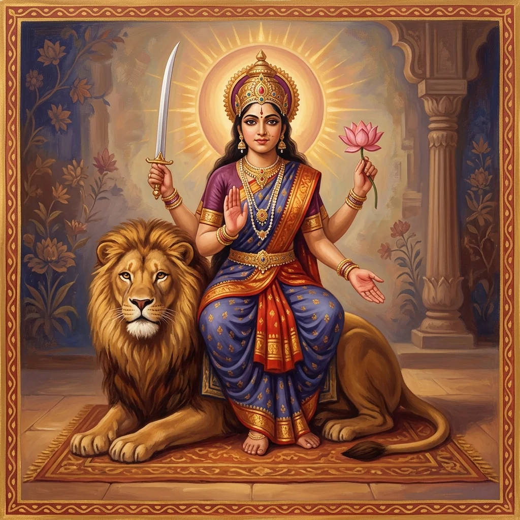 Contemporary editorial illustration of Katyayani beside a lion, holding a sword and lotus with blessing gestures.