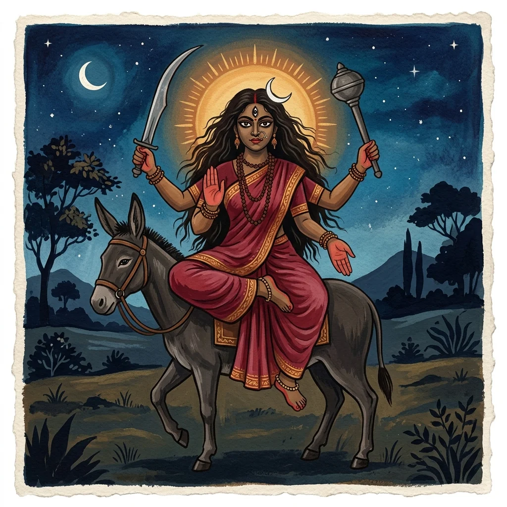 Contemporary editorial illustration of Kalaratri riding a donkey at night, with a sword and protective gesture.