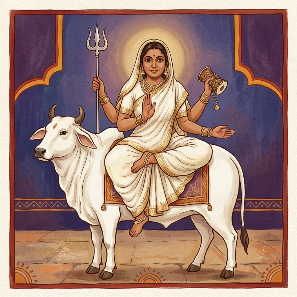 Contemporary editorial illustration of Mahagauri dressed in white and seated on a white bull, with a trident and hand drum.