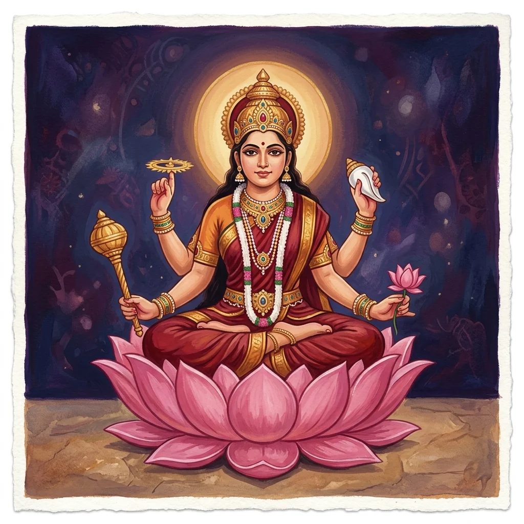 Contemporary editorial illustration of Siddhidatri seated on a pink lotus, holding a discus, conch, mace and lotus.