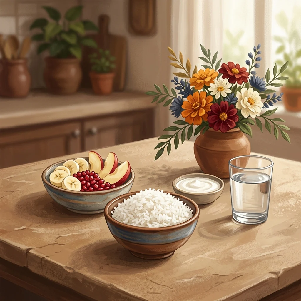 Contemporary editorial illustration of a simple vegetarian meal, fruit, yoghurt, water and flowers arranged on a home table.