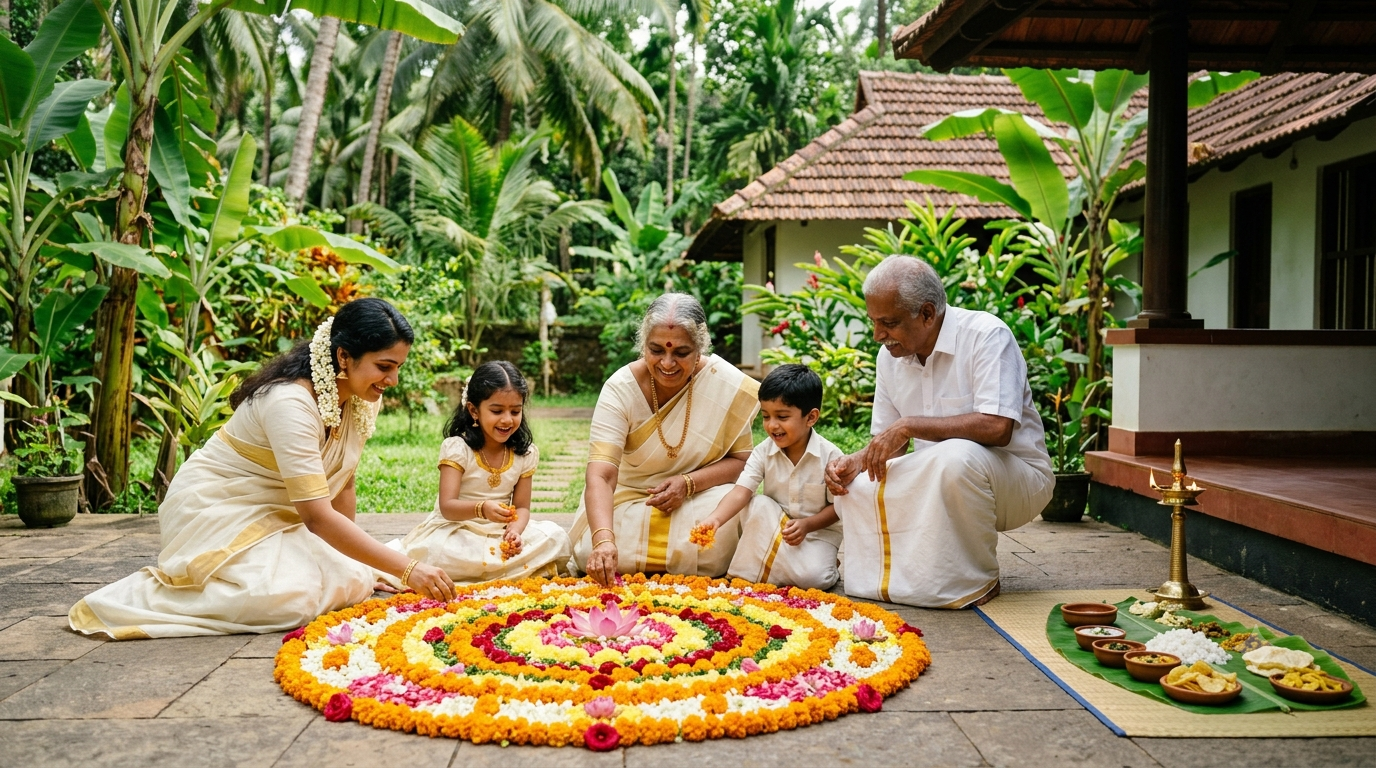Kerala family in traditional clothing arranging a flower pookalam for Onam with a sadya meal and greenery nearby
