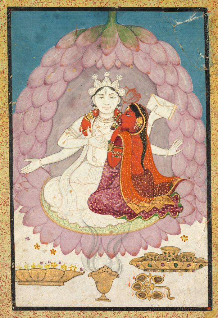 Historical painting of Lord Vishnu and Goddess Lakshmi seated together on a lotus.