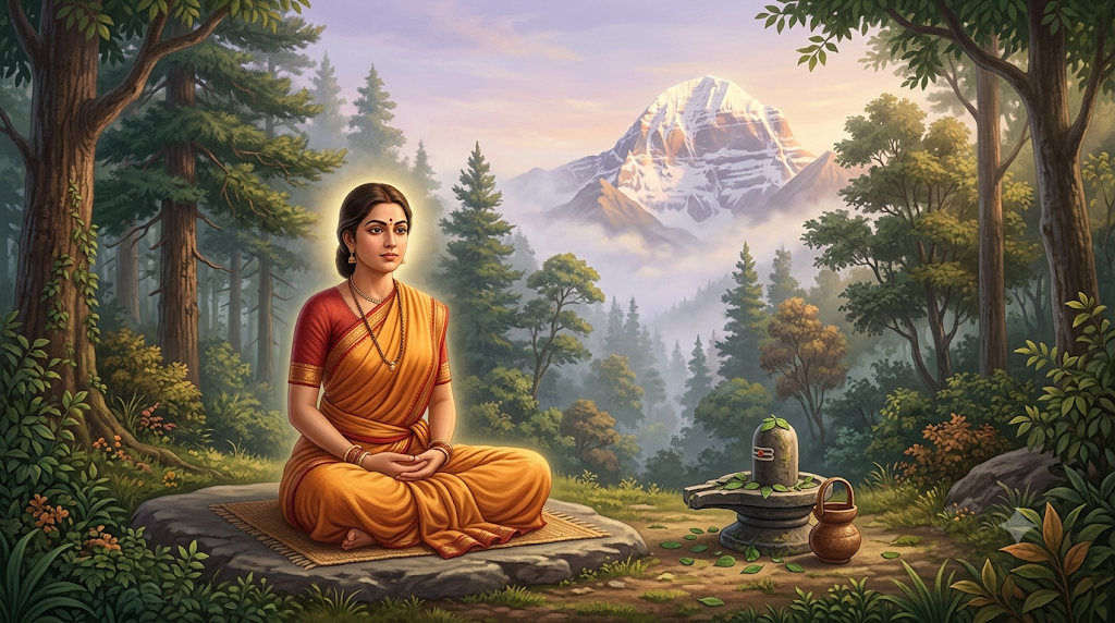Goddess Parvati meditating near a Shiva linga in a Himalayan forest, with Mount Kailash in the distance.