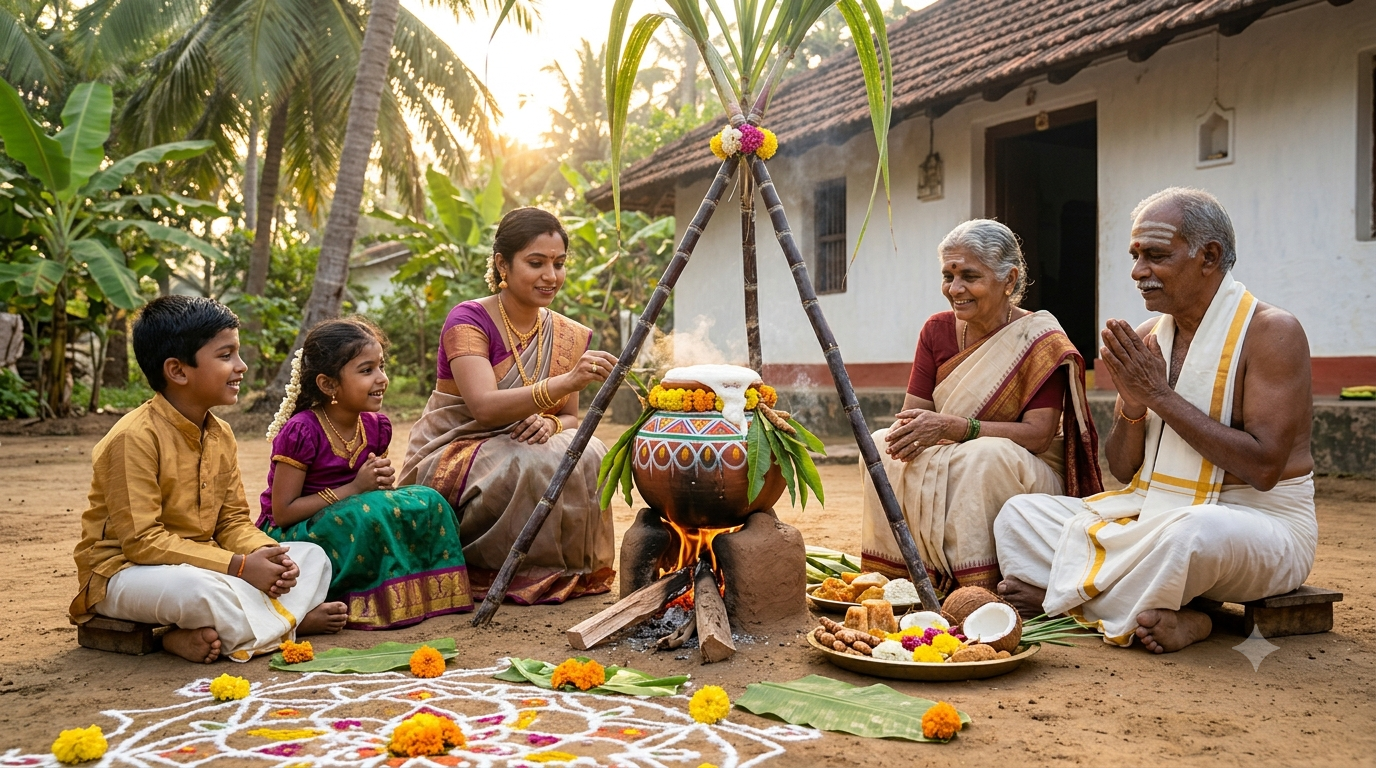 Tamil family celebrating Pongal beside an overflowing decorated clay pot with sugarcane, turmeric leaves, and a kolam