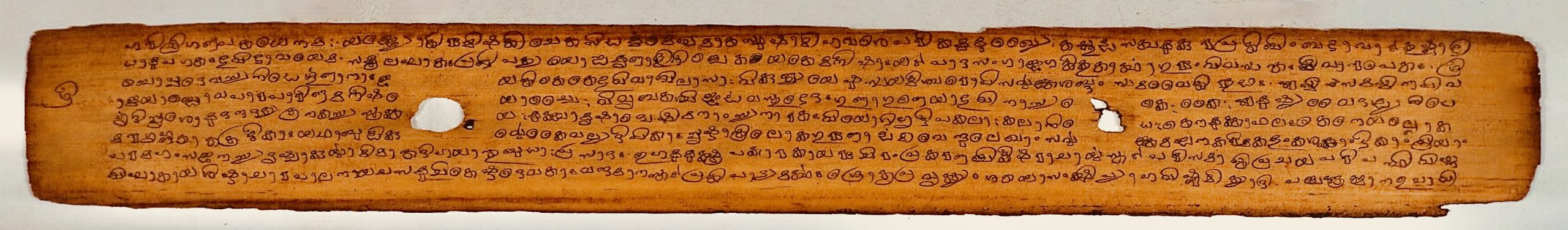 Historic palm-leaf manuscript with handwritten Malayalam script commentary on the Bhagavata Purana.