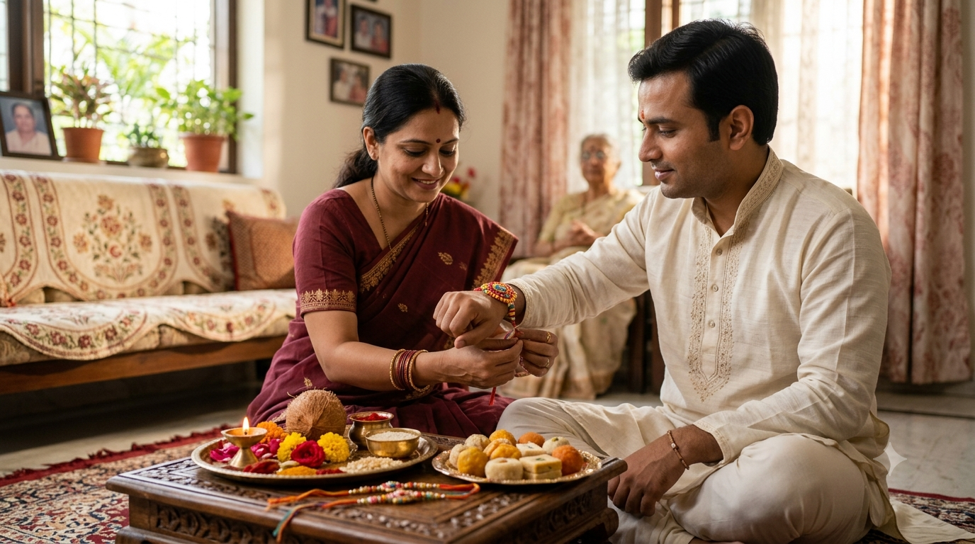 Sister tying a colorful rakhi on her brother's wrist beside a puja tray and sweets at a family celebration