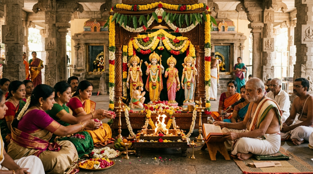 Decorated Rama Navami temple shrine with Rama, Sita, Lakshmana, and Hanuman while devotees offer flowers and listen to recitation