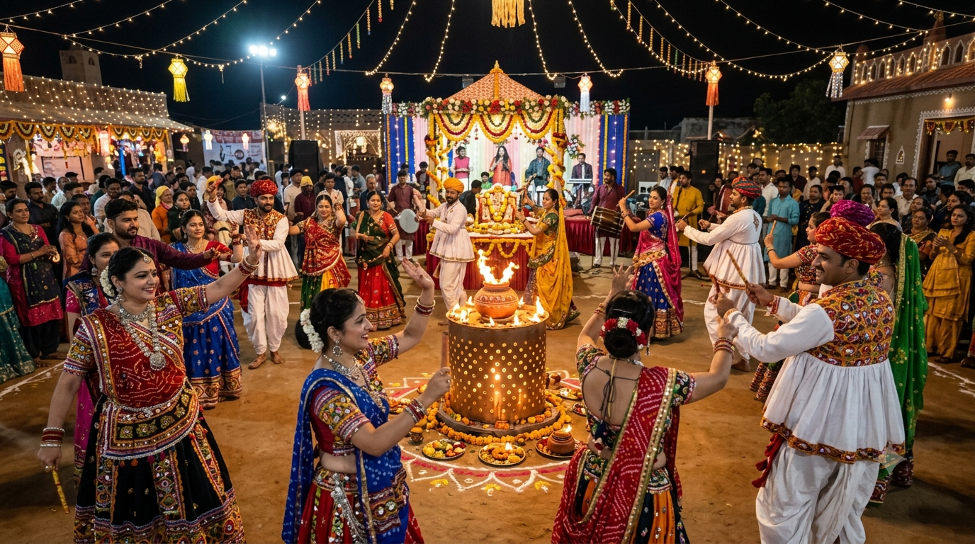 Illustration of people dancing at a decorated nighttime gathering with a ceremonial lamp and lights