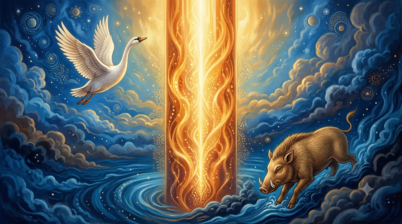 Infinite pillar of light with a white hamsa flying upward and Varaha descending beside cosmic waters.