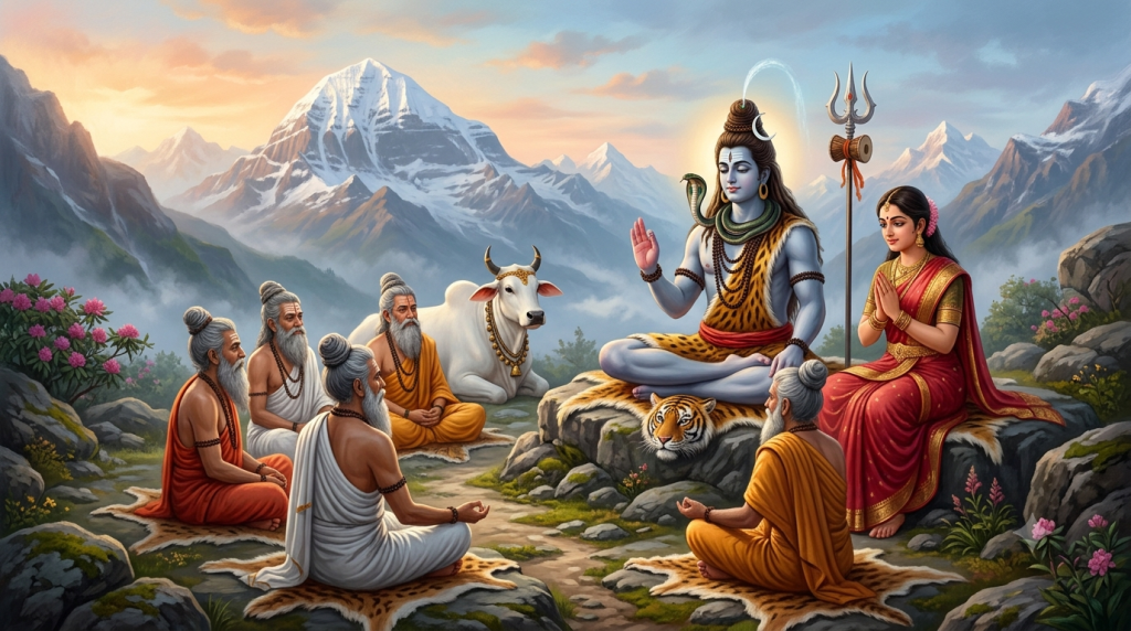 Lord Shiva and Goddess Parvati seated on Mount Kailash as sages listen, with Nandi nearby.