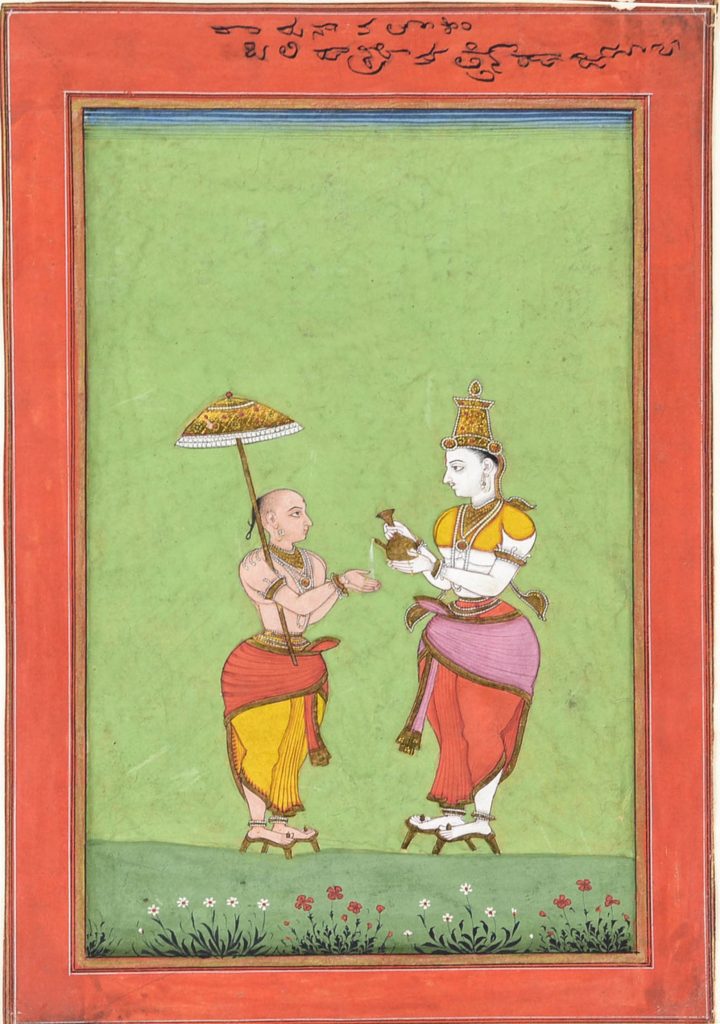 Historical painting of the dwarf avatar Vamana receiving a blessing from King Bali.