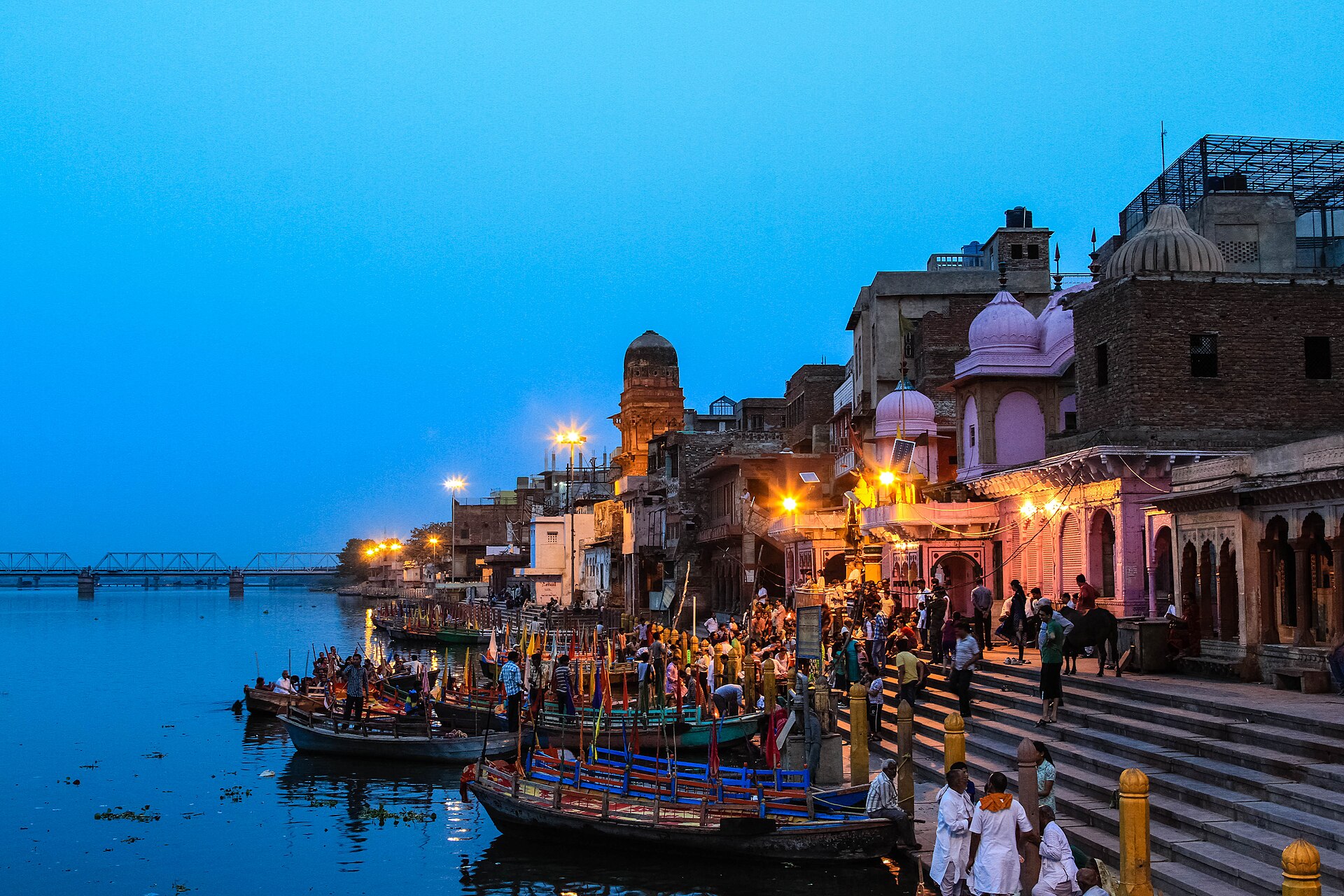 Evening view of Vishram Ghat on the Yamuna River in Mathura.