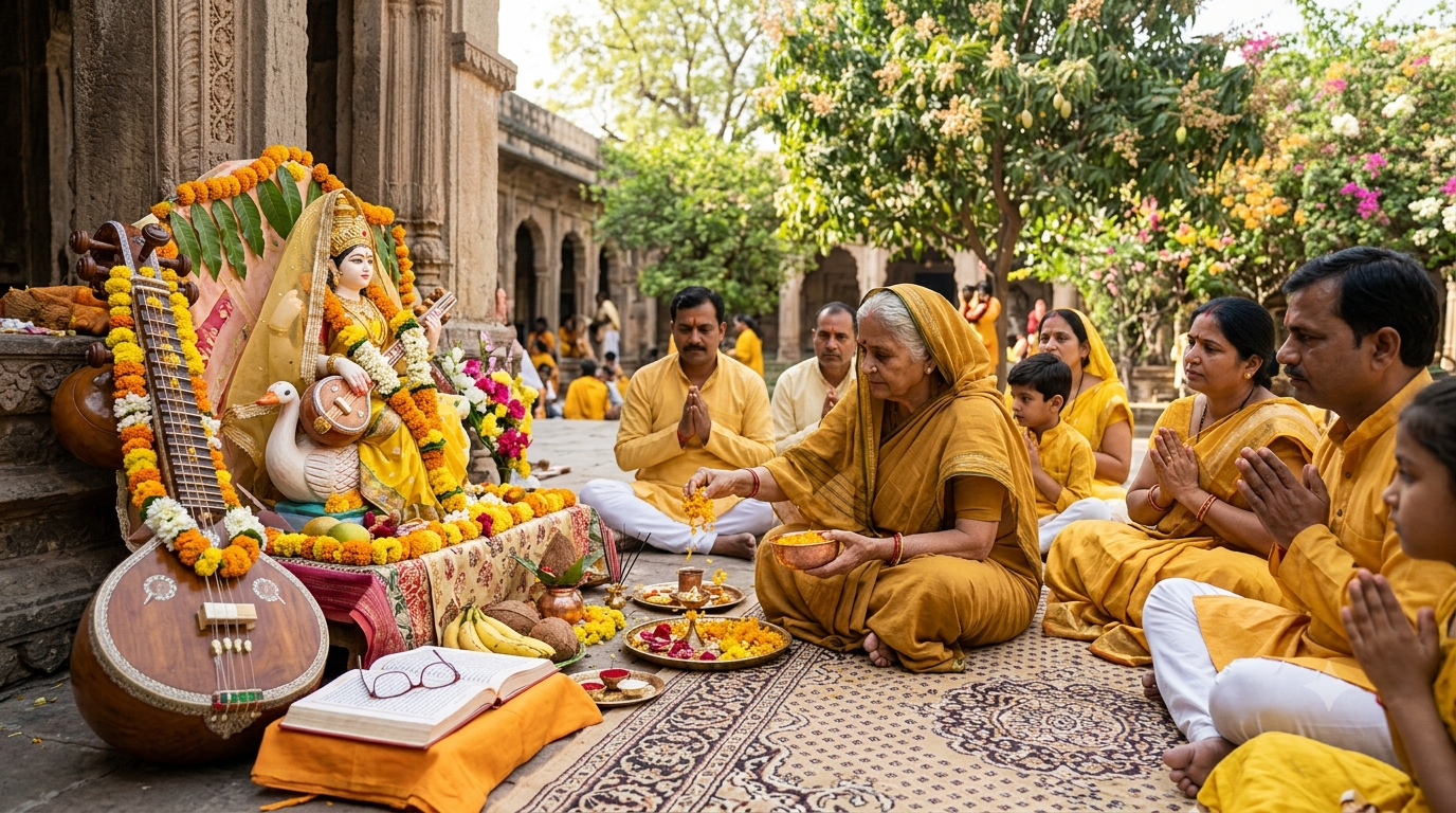 Respectful Saraswati Puja setting with veena, books, yellow flowers, and devotees offering prayers in a spring courtyard
