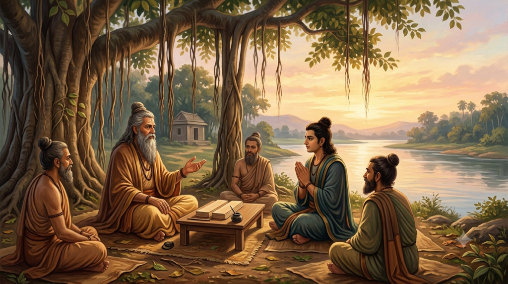 Sage Parashara teaches Maitreya and other sages beneath a banyan tree beside a river.