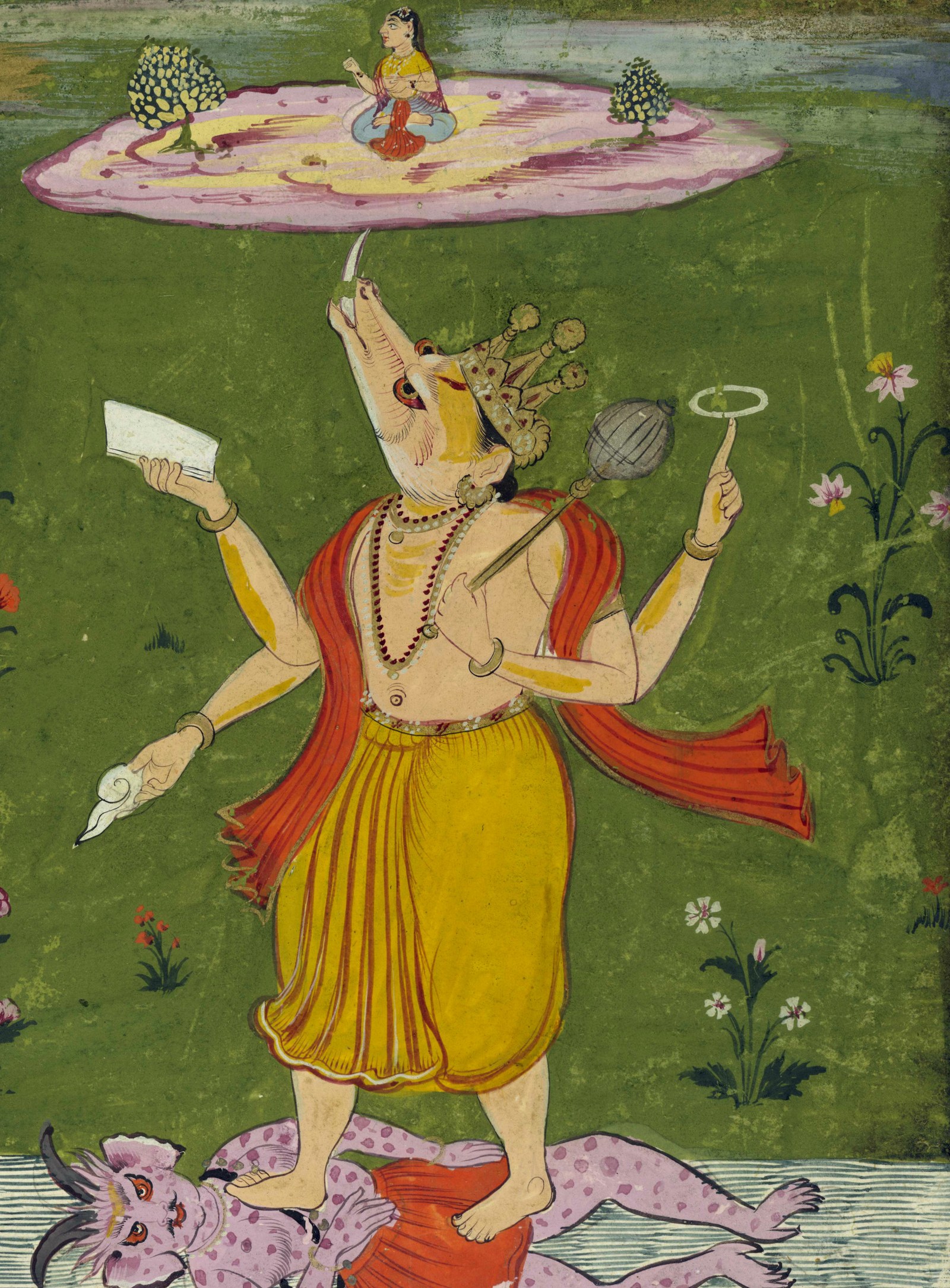 Historical painting of boar-headed Varaha lifting Bhudevi above the cosmic waters.