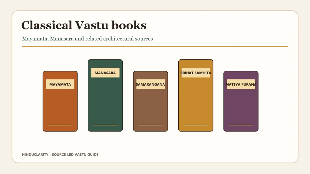 Illustrated shelf of classical Vastu sources including the Mayamata, Manasara, Samarangana, Brihat Samhita, and Matsya Purana.