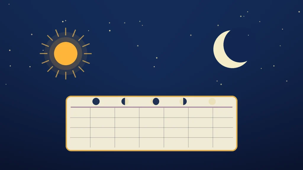 Sun, crescent moon, lunar phases, and a blank calendar grid.