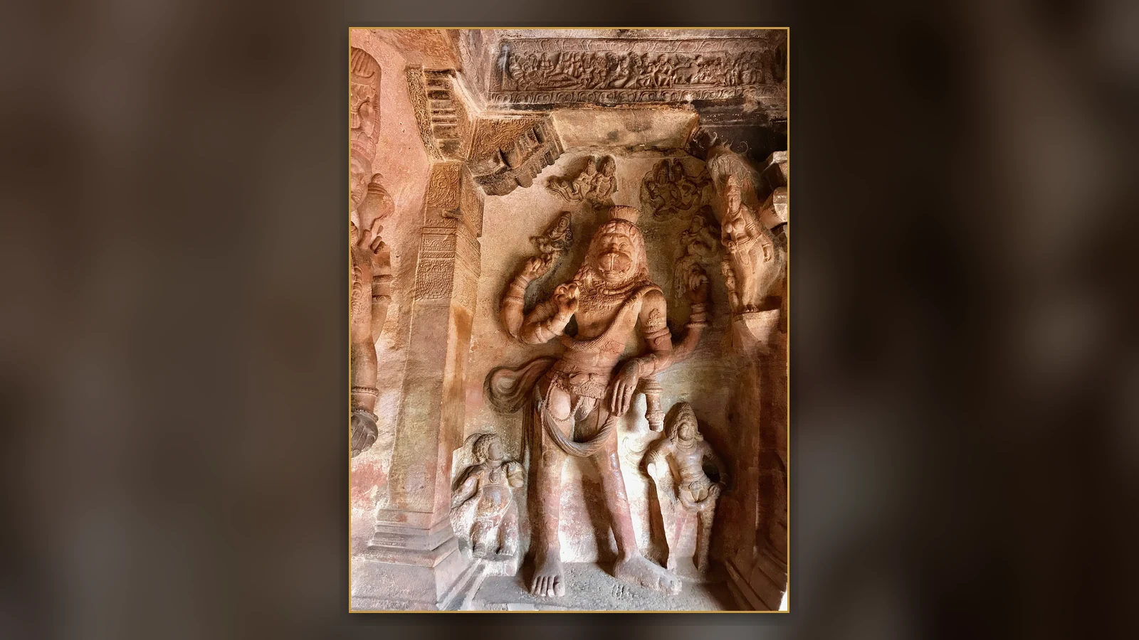 Stone relief of Vishnu as Narasimha in Badami Cave 3.