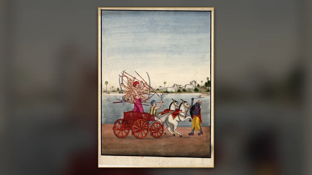 Historical painting of Parashurama confronting King Kartavirya Arjuna.