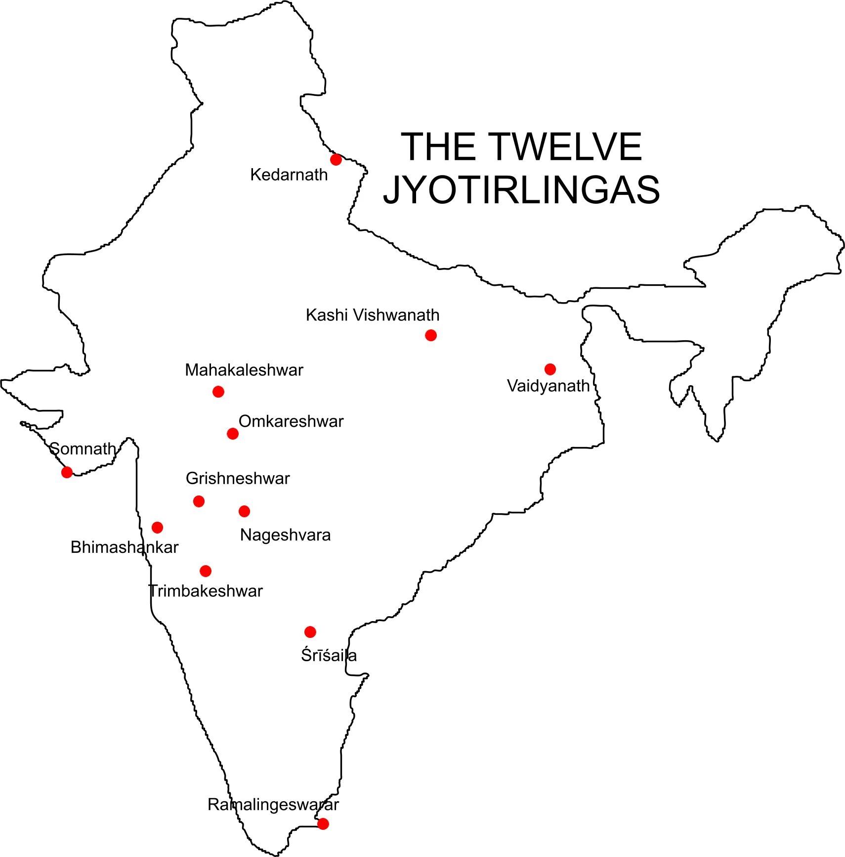 Map of India marking twelve widely recognized Jyotirlinga temple locations.