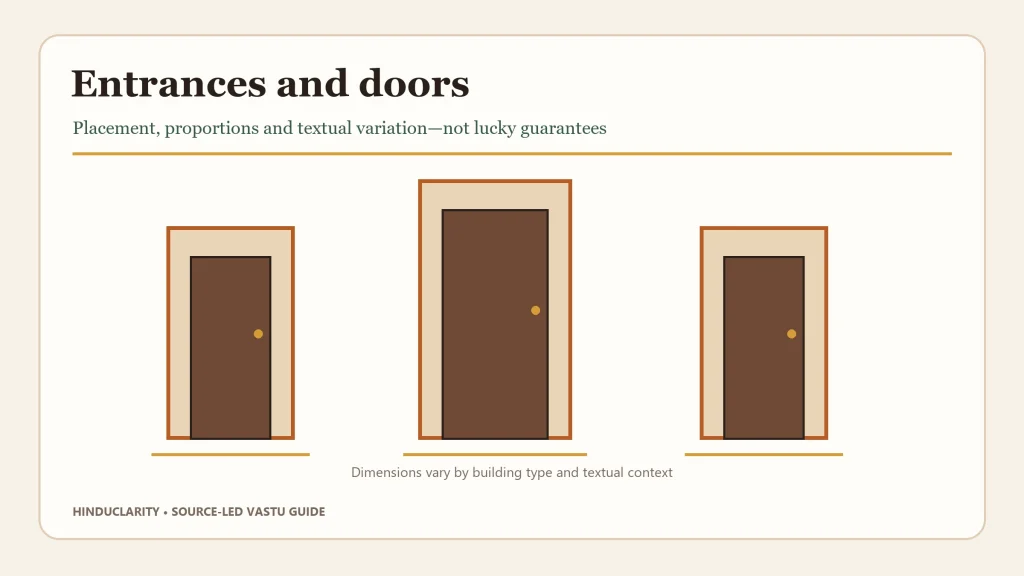 Three differently proportioned doorways illustrating that entrance dimensions vary by building type and textual context.