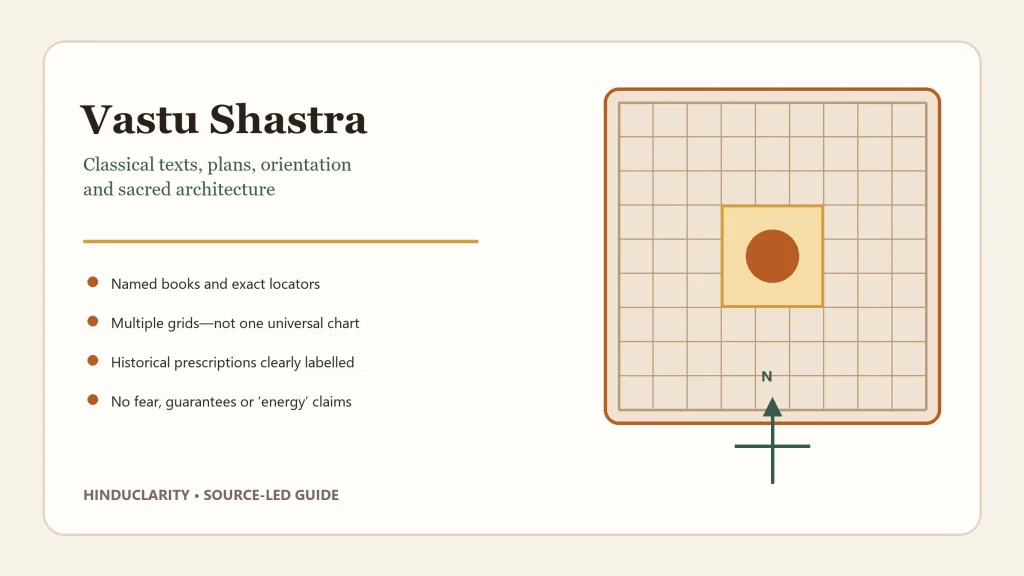 Illustrated Vastu Shastra guide showing a nine-part architectural grid, cardinal north marker, and source-led editorial principles.
