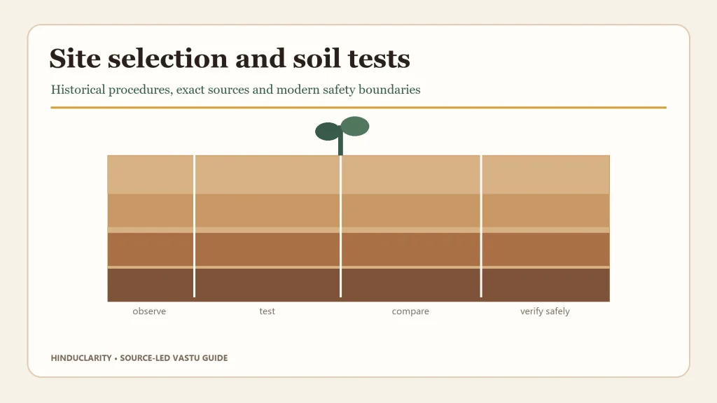 Source-led illustration of historical Vastu site observation and soil testing with a modern safety reminder.
